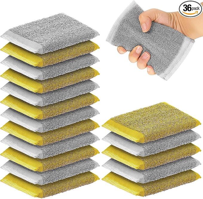 Thyle 36 Pack Steel Scrub Sponges for Dishes Non Scratch Scouring Multi Use Metal Scrubber Heavy Duty Dish Wash Kitchen Sponge for Pot Dish Washing Hard Surface Cleaning (Gray,Yellow)