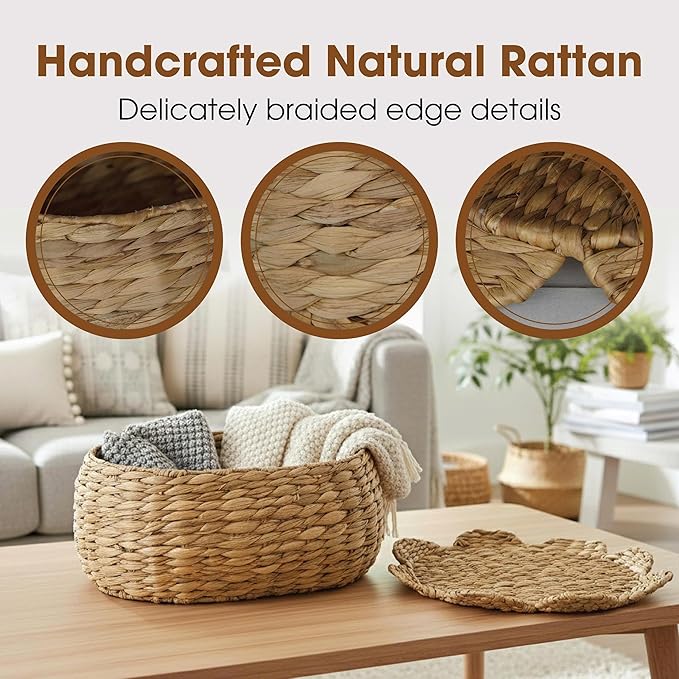 Boho Rattan Basket Set of 2, Scalloped Wicker Storage Baskets with Lids, Handwoven Woven Storage Basket Decorative Basket, Vintage Picnic Basket, Wicker Bread Basket, Natural Decorative Storage