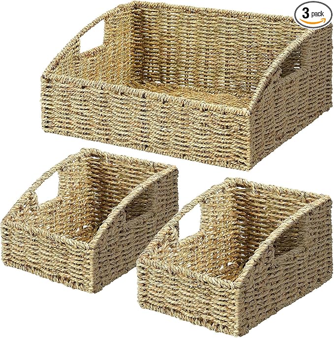 Set of 3 Handwoven Seagrass Storage Baskets – Decorative Natural Wicker Organizer Bins with Built-in Handles for Bathroom, Kitchen, Pantry, Nursery, Closet, Laundry, Living Room, and Home Use