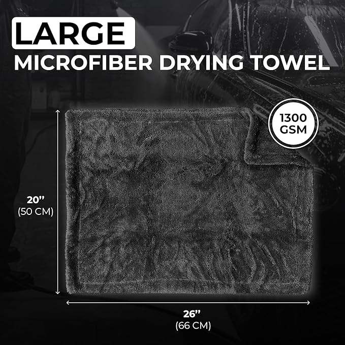WEST BROS Large Car Drying Towel, 1300 GSM Professional Car Towel with Double Twisted Loop,Super Absorbent Large Microfiber Drying Towels for Cars, Trucks, SUVs - 20"x26", Gray