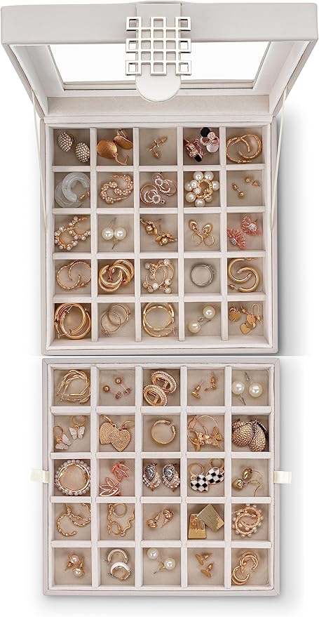 Glenor Co Earring Organizer - Classic 50 Section Jewelry Box/Case/Holder for Earrings, Rings, Necklaces, Jewelry, Cufflinks or Collections -2 Layer Small Compartments with Large Glass Top - Grey
