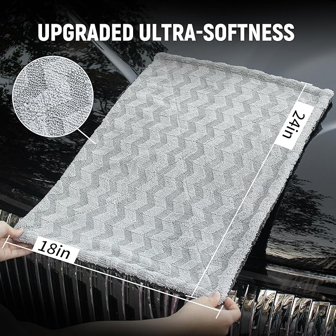 LIVOS Car Drying Towel, Premium Microfiber Towels for Cars, 1000GSM, Edgeless Twisted Loop Design, No Streaks, Scratches, or Water Spot, Absorbent Wash Towel, 18" x 24" (Wave Silver&Grey)