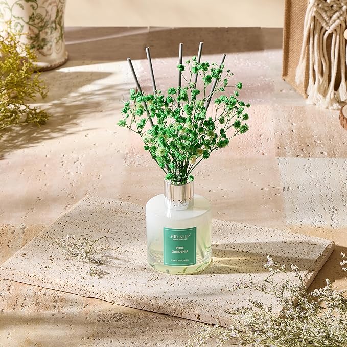 Airkeep Reed Diffuser Set,3.38 fl oz (100 ml) - Pure Gardenia Oil Diffusers with 8 Reed Sticks, Home Fragrance Reed Diffuser for Bathroom Shelf Decor