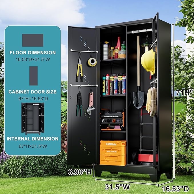 Metal Storage Cabinet 71" H, Garege Storage with Stainless Steel Bottom, Black Cleaning Supplies Organization Cabinet with Lockable Doors and Hanging Rod for Outdoor, Home Office