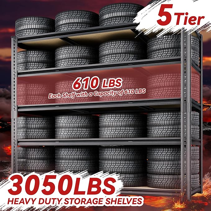 48"W Garage Shelving, 3050LBS Storage Shelves heavy duty, 5 Tier Metal Shelving Unit Adjustable Garage Shelves Heavy Duty Shelving for Warehouse,Commercial, Kitchen, 48" W × 18" D × 72" H, Black, 2PCS