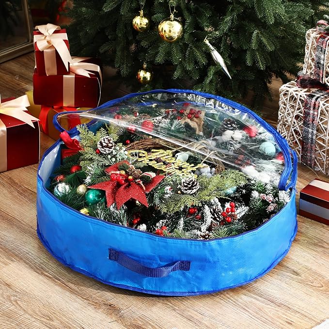 Aliceset 4 Pack Wreath Storage Containers, Christmas Ornament Garland Wreath Storage Bags with Handle Dual Zipper Large Decorative Storages Box for Winter Wreaths(24 x 24 x 7.8 Inch,Blue)