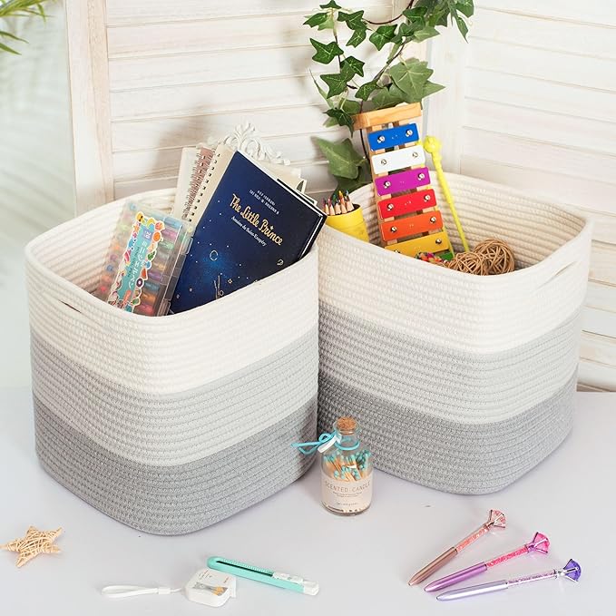 MINTWOOD Design 3-Pack 11x11 Inch Cube Storage Bin, Woven Organizer, Closet Cute Square Bins, Decorative Classroom Bathroom Pantry and Shelf Baskets, 3-Tone Grey (MD-203)