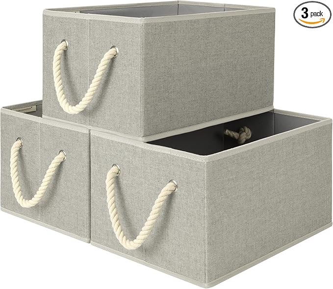 StorageWorks Storage Baskets for Shelves, Foldable Fabric Closet Storage Bins with Handles, Fabric Storage Bins Clothes Organizer, Gray, 3-Pack, Large