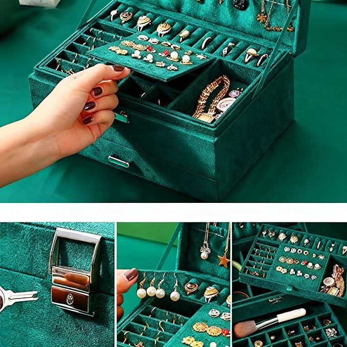 Jewelry Organizer Box for Women Girls, Jewelry Box 3-Tier Jewelry Display Case and Organizer,Lockable Jewelry Display Case Anti Tarnish,Varying Compartments for Necklaces, Bracelets, Rings