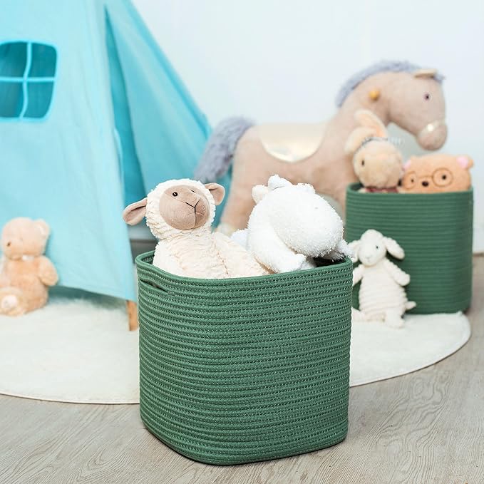 MINTWOOD Design 3-Pack 11x11 Inch Cube Storage Bin, Woven Storage Cube Organizer, Closet Organizer, Cute Square Storage Bins, Decorative Classroom Bathroom Pantry and Shelf Baskets, Green