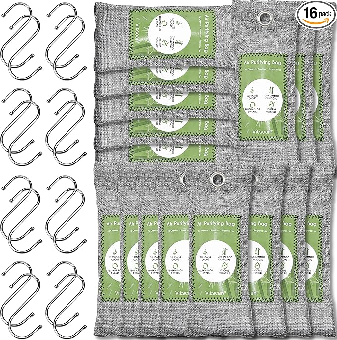16 Pack Bamboo Charcoal Air Purifying Bag, Activated Charcoal Bags Odor Absorber, Moisture Absorber, Natural Car Air Freshener, Shoe Deodorizer, Odor Eliminators For Home, Pet, Closet (16x50g)