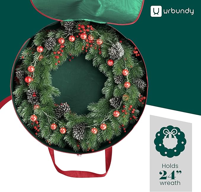 Heavy Duty Wreath Storage Bag 24 Inch, 1-Pack - Christmas Wreath Storage Container Green - Waterproof Plastic Material Wreaths Holder Storages - Holds 24 Inch Wreaths For Year Round