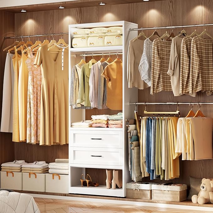79” Closet System with 2 Drawers, 4-8 Ft Metal Closet Organizer With 4 Expandable Hanging Rods, Walk-in Closet Organizer Wardrobe Garment Clothes Rack