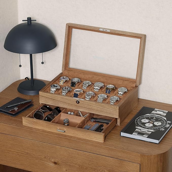 ROTHWELL 12-Slot Solid Walnut Watch Box with Valet Drawer - Premium Jewelry Display Case Organizer with Locking Glass Top and Microsuede Liner for Men & Women (Tan Interior)