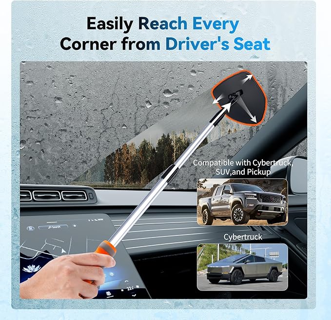 XINDELL Windshield Cleaner Tool, Car Interior Glass Cleaning Kit with 360° Rotating Head Extendable Handle, Reusable Microfiber Pads, Auto Detailing Windshield Cleaning Tool for Cars Trucks -Orange