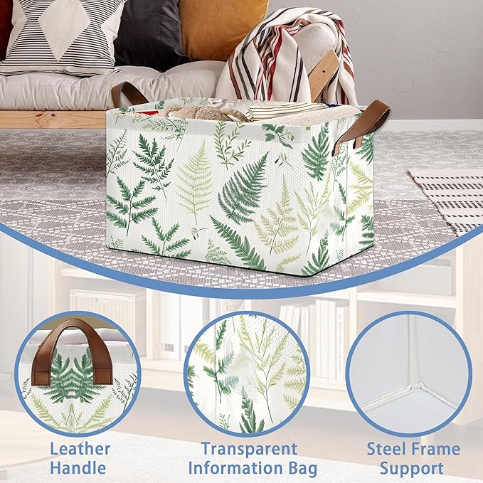 Fern Herbs Storage Baskets,Botanical Leaf Foldable Organizer Bin with Handles for Home Living Room Bedroom Closet Box 17x11.5x10Inch
