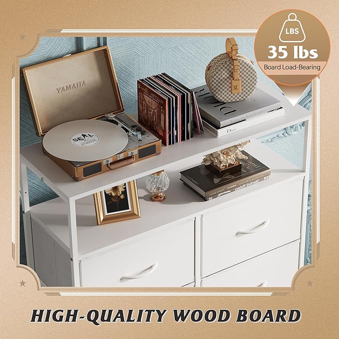 WLIVE Fabric Dresser for Bedroom with Open Shelves, Tall White Dressers with 8 Drawers, Storage Tower with Fabric Bins, Chest of Drawers for Closet, Hallway