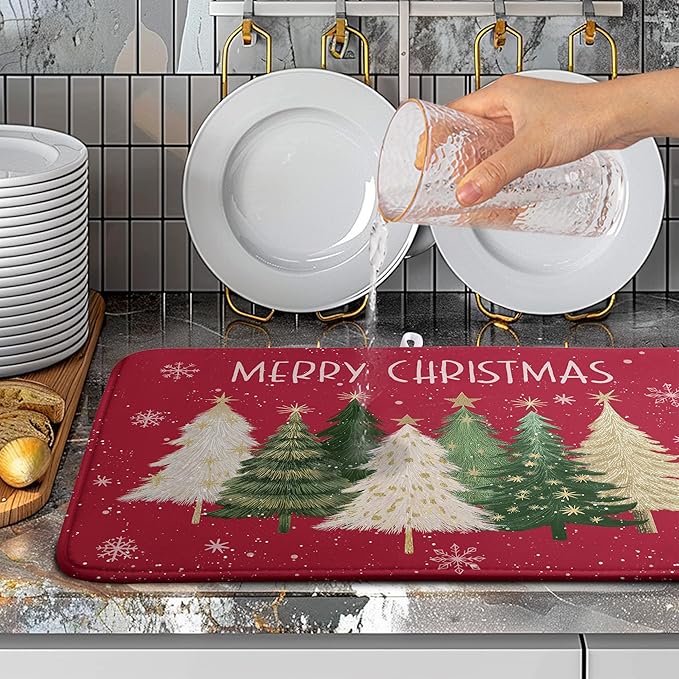Wnoesat Merry Christmas Dish Drying Mat for Kitchen Counter 18x24 Inch Red Xmas Tree Snowflakes Drying Pad Winter Holiday Absorbent Microfiber Dish Draining Reversible Dish Drainer Rack Mat