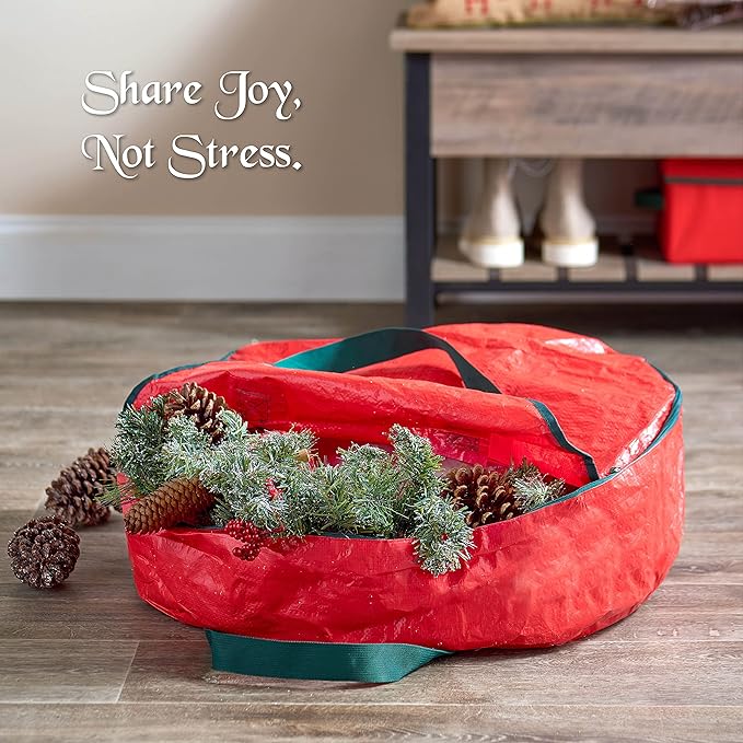 ZOBER Christmas Wreath Storage Container 24 Inch - Wreath Bag for Artificial Wreaths Box - Dual Zippered Wreaths Storage Bag with Strong Durable Handles - Red