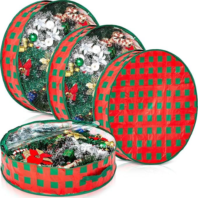 Aliceset 4 Pack Wreath Storage Containers, Christmas Ornament Garland Wreath Storage Bags with Handle Dual Zipper Large Decorative Storages Box for Winter Wreaths(24 x 24 x 7.8 Inch,Red Green Plaid)