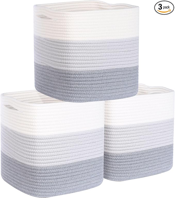 MINTWOOD Design 3-Pack 11x11 Inch Cube Storage Bin, Woven Organizer, Closet Cute Square Bins, Decorative Classroom Bathroom Pantry and Shelf Baskets, 3-Tone Grey (MD-203)