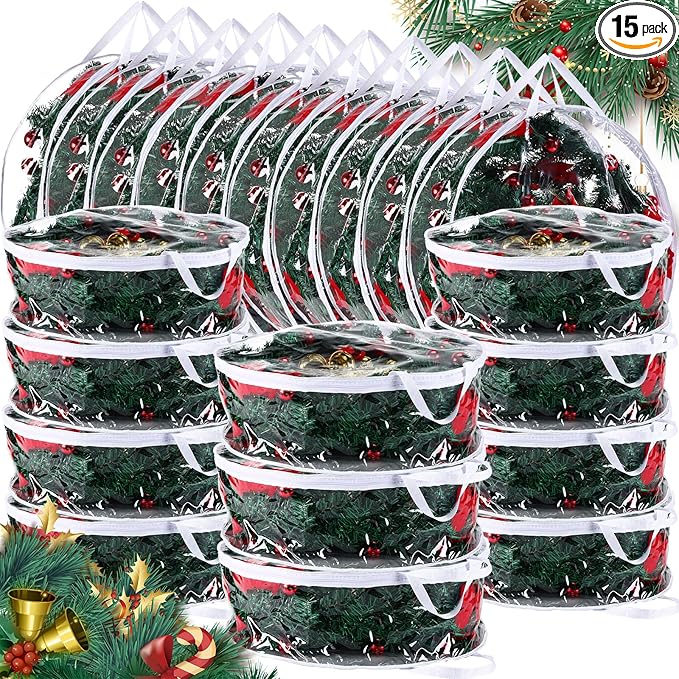 Zhengmy 15 Pcs 30 Inch Christmas Wreath Storage Bags Transparent Wreath Storage Container Bulk Wreaths Box with Dual Zippers and Handles for Xmas Holiday Wreaths Garland