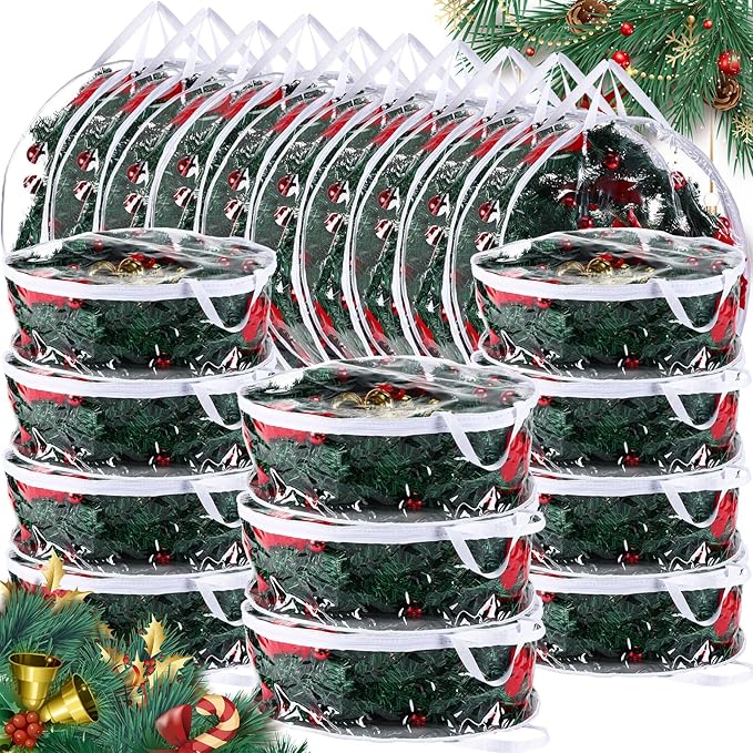 Zhengmy 20 Pcs 24 Inch Christmas Wreath Storage Bags Transparent Wreath Storage Container Bulk Wreaths Box with Dual Zippers and Handles for Xmas Holiday Wreaths Garland