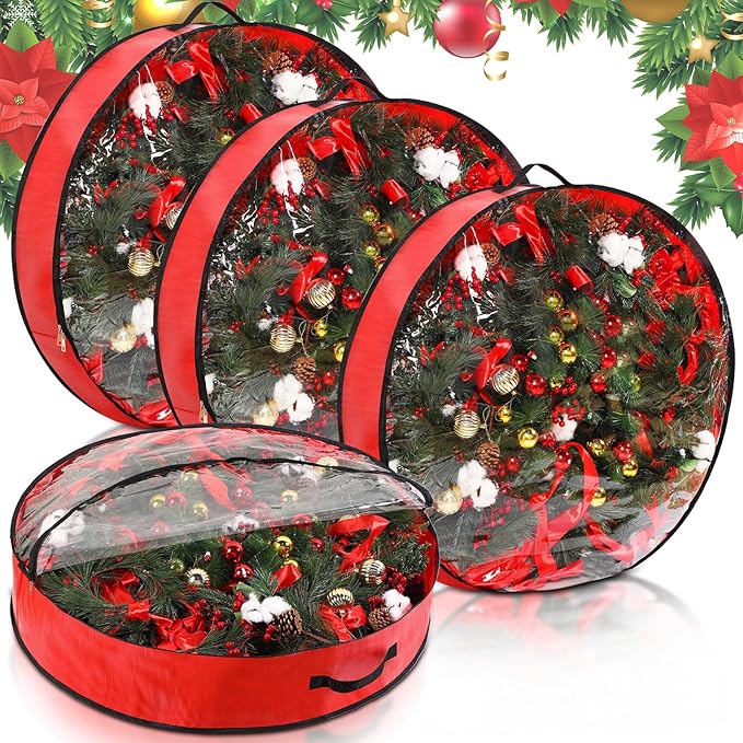 Aliceset 4 Pack Wreath Storage Containers, Christmas Ornament Garland Wreath Storage Bags with Handle Dual Zipper Large Decorative Storages Box for Winter Wreaths(36 x 36 x 7.8 Inch,Red)