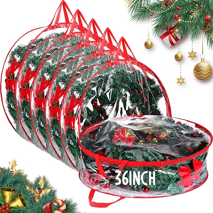 Shappy 6 Pcs 36 Inch Christmas Wreath Storage Container Clear Wreath Storage Bags PVC Waterproof Garland Bags with Clear Window Dual Zippers and Handles for Xmas Holiday Artificial Garland (Red)