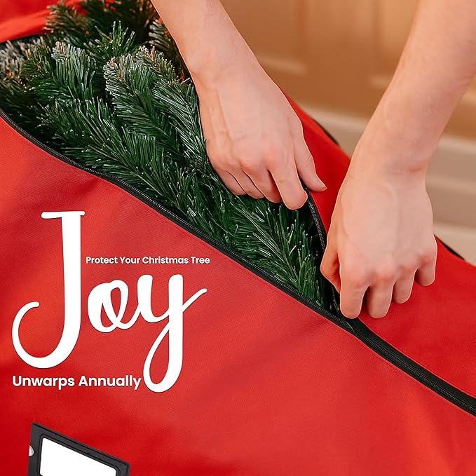 QUENTRO Heavy Duty Christmas Tree Storage Bag - Fits Up to 9ft Tall - Waterproof 600D Polyester Xmas Tree Bag with Reinforced Handles & Secure Zipper – Foldable Durable Holiday Storage Solution (Red)