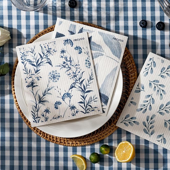 RECYCO Swedish Dishcloths for Kitchen | 6 Pack Foggy Blue Washable Dish Rags | Cellulose Reusable Cleaning Paper Towels | Absorbent Counter Dish Cloth Sponge Kitchen Wipes, 8" L x 7" W