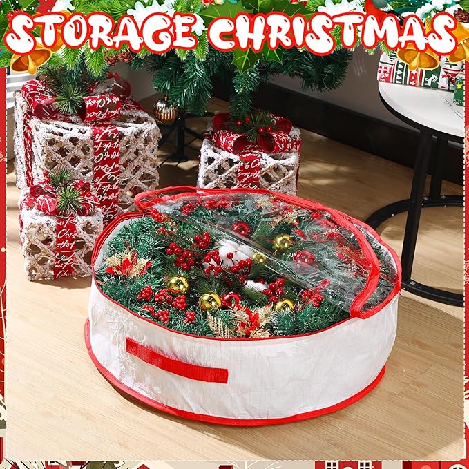 Aliceset 4 Pack Wreath Storage Containers, Christmas Ornament Garland Wreath Storage Bags with Handle Dual Zipper Large Decorative Storages Box for Winter Wreaths(24 x 24 x 7.8 Inch,White)