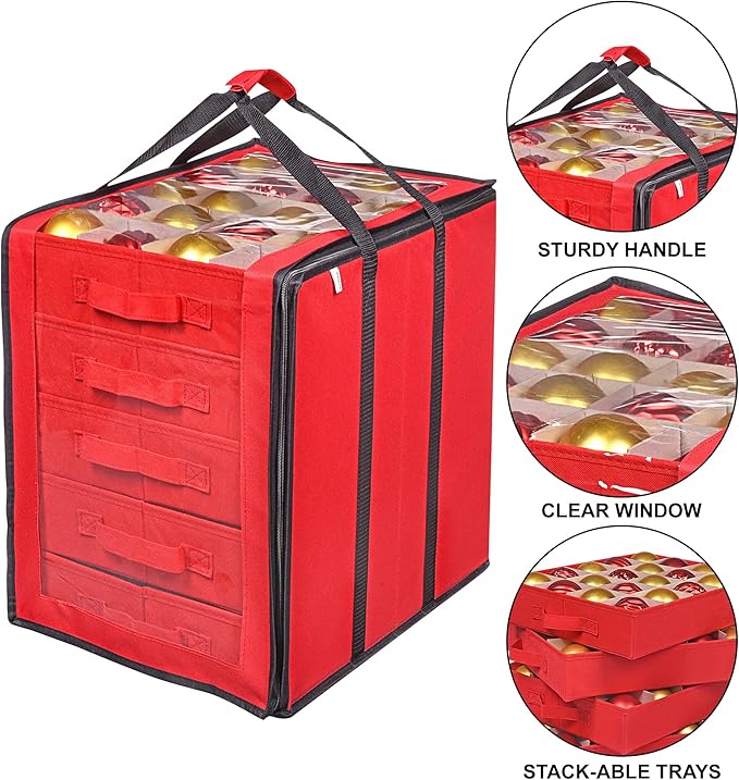 ProPik Christmas Ornament Storage Boxes with Dividers - 5 Separate Trays - Ornament Holder - Keeps 100 Holiday Ornaments - Durable Carrying Bag Handles Organizer Storage Box (Red)
