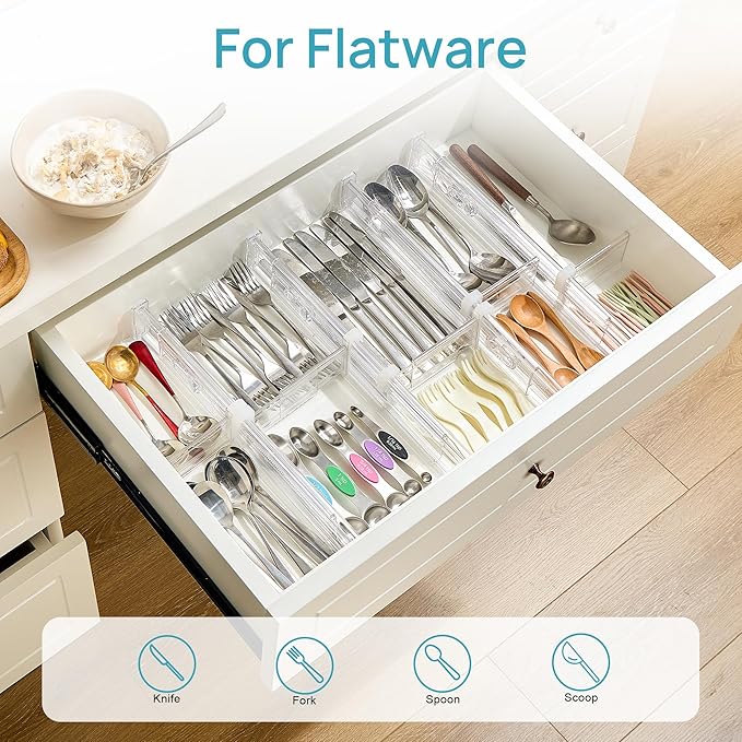 Vtopmart 2.36” Drawer Dividers with Expandable Inserts, 12.8"-22.3" Adjustable Kitchen Drawer Organizer, Clear Plastic Organizer Separator for Flatware, Utensil, Cutlery, 8 Dividers with 14 Inserts