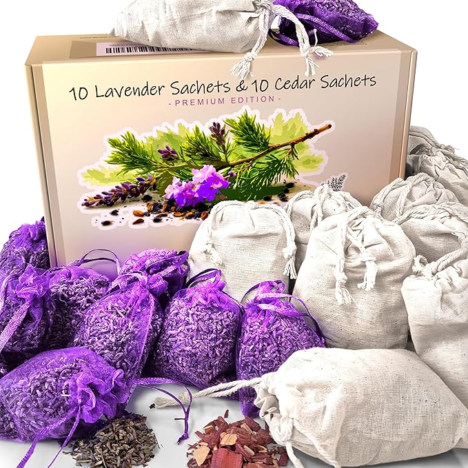 Vivenzia 20 Pack Cedar Sachets & Lavender Sachets for Drawers and Closets – Cedar Chips for Clothes Storage & Dried Lavender Sachets - Drawer Fresheners for Dresser. Closet Deodorizer.