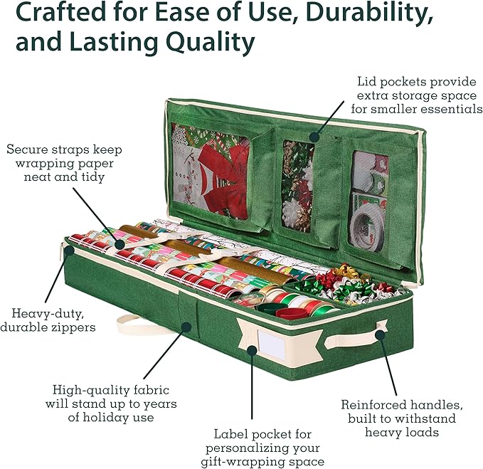 Little ELF Premium Wrapping Paper Storage Organizer, Easy to Carry, 6 Individual Pockets for Christmas Gift Wrap Supplies, Lightweight and Sturdy