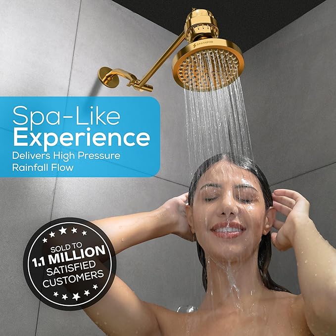 SparkPod Shower Head - High Pressure Rain - Premium Quality Luxury Design - 1-Min Install - Easy Clean Adjustable Replacement for Your Bathroom Shower Heads (Egyptian Gold, 6 Inch Round)