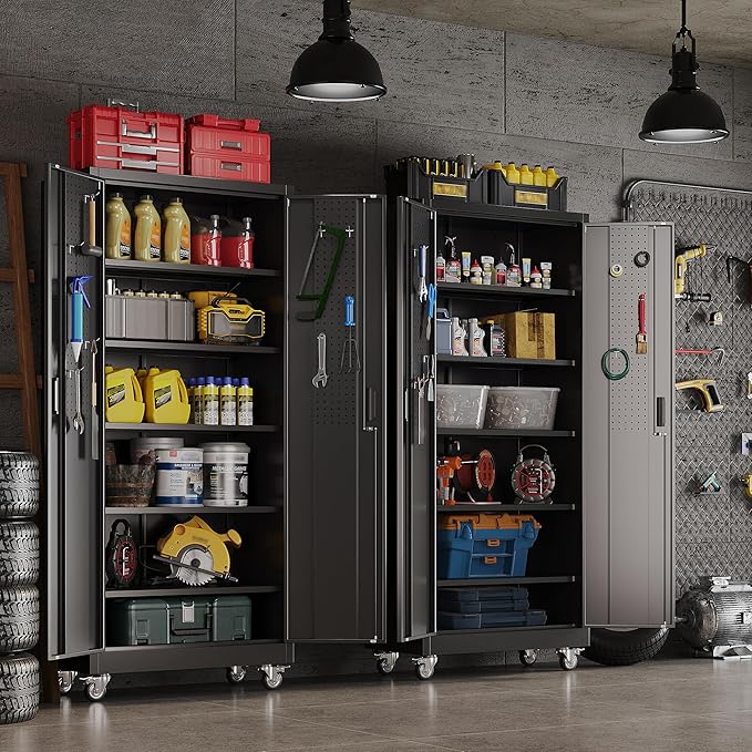 71" H Garage Storage Cabinet with Wheels and Pegboard,Lockable Metal Storage Cabinet with 5 Adjustable Shelves and Door for Garage, Office, Home, Assembly Required，Black