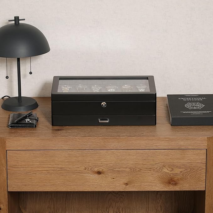 ROTHWELL 12-Slot Matte Black Watch Box with Valet Drawer - Premium Jewelry Display Case Organizer with Locking Glass Top and Microsuede Liner for Men & Women (Carbon Interior)
