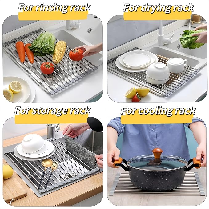 Sayehuanye Roll Up Dish Drying Rack, 17.7" x 11.8" Over The Sink Dish Drying Rack, Kitchen Dish Rack Foldable Dish Drainer, Stainless Steel Dish Drying Rack for Kitchen Sink Counter Storage (Grey)