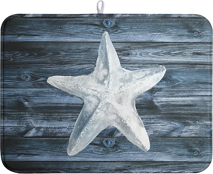 Wnoesat Summer Starfish Dish Drying Mat for Kitchen Counter Navy Blue Microfiber Absorbent Dish Drainer Rack Mats Coastal Ocean Themed Kitchen Sink Dishes Pad 18 X 24 Inch