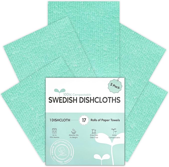 Auggee Swedish Dishcloths for Kitchen, 5 Pack Swedish Dish Cloths, Ultra Absorbent Reusable Paper Towels, Cellulose Sponge Cloths, Quick Drying, No Odor, Dishwasher Safe Mint Green