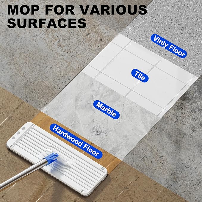 BEJOMOP Mop and Bucket Set with Wringer, Squeeze Wall Mop Cleaner with Long Handle, Flat Mop and Bucket System, Dry & Wet Dust Mops for Household Floor Cleaning with 3 Microfiber Mops, Slate Blue