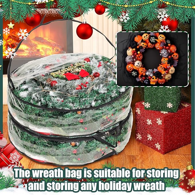 Shappy 6 Pcs 36 Inch Christmas Wreath Storage Container Clear Wreath Storage Bags PVC Waterproof Garland Bags with Clear Window Dual Zippers and Handles for Xmas Holiday Artificial Garland (Black)