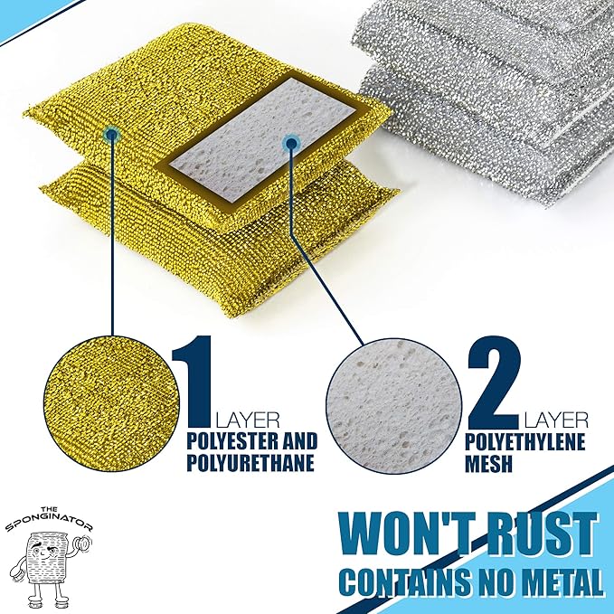 SPONGENATOR Kitchen Scrubbing Sponges - Heavy Duty Non Scratch Scrubbing Cleaner Sponges in 2 Colors - Multi Surface Non Metal Dish Scouring Scrubbers for Fast Cleaning (Gold & Silver, 6)