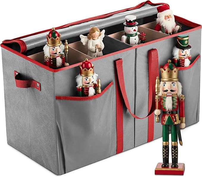 ZOBER Nutcracker Storage Containers - Ornament Christmas Figurine Storage Box - Christmas Village Containers Fits Up to 8 15-Inch Figurines & Xmas Decorations Accessories - Gray