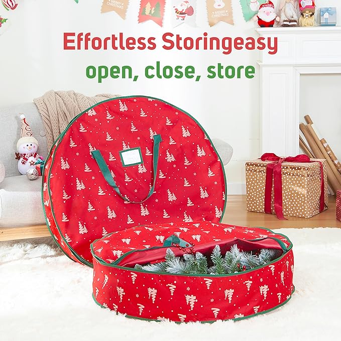 ELONG HOME 36 Inch Wreath Storage Container, 1 Pack Deluxe Wreath Storage Bag with Dual Zippers, Easy Access Christmas Wreath Storage Bag with Carry Handles and Clear Label Pocket