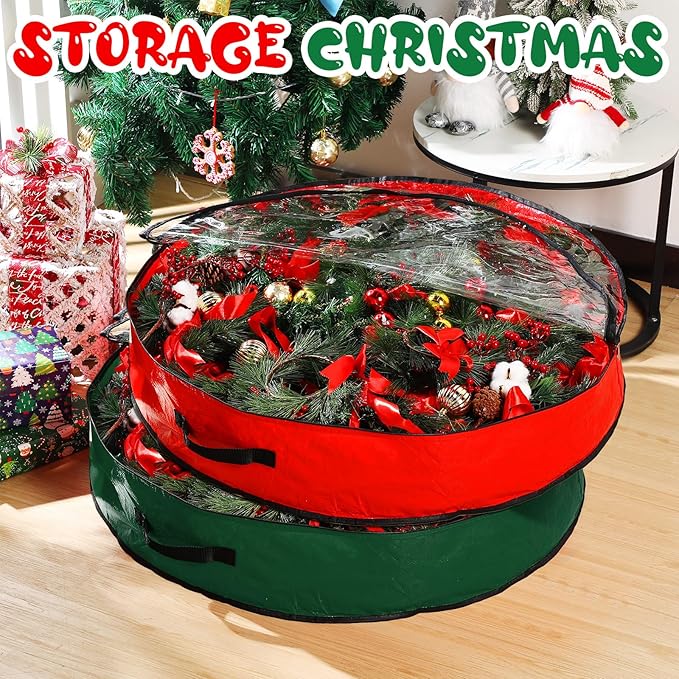 Aliceset 4 Pack Wreath Storage Containers, Christmas Ornament Garland Wreath Storage Bags with Handle Dual Zipper Large Decorative Storages Box for Winter Wreaths(30 x 30 x 7.8 Inch,Red, Green)