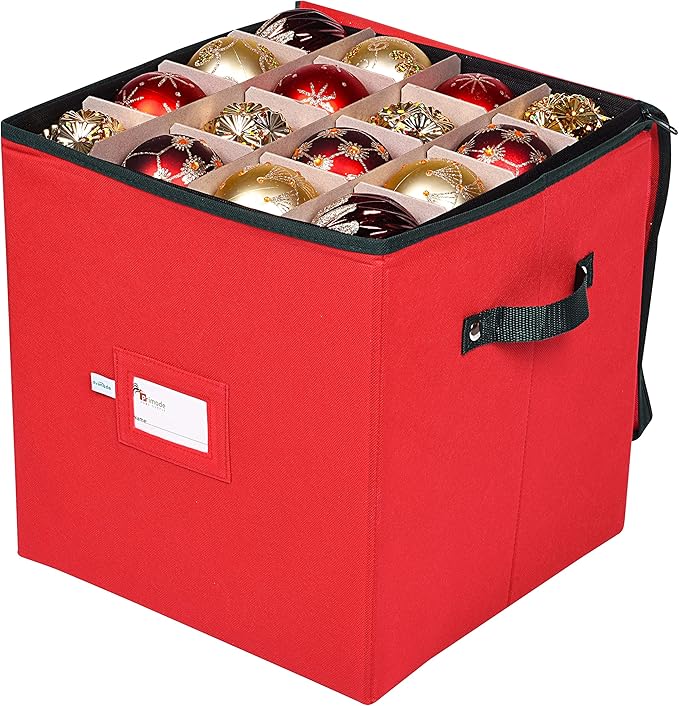 Primode Christmas Ornament Storage Box, 4 Individual Trays Xmas Storage Container, Fits 64 Ornaments Decoration Balls, Constructed of Durable Polyester Material (Red)