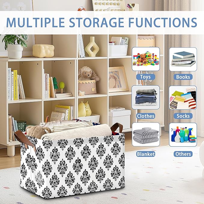 Vintage Damask Floral Storage Baskets,Foldable Large Capacity Organizer Bins with Waterproof Lining and Leather Handles for Closet,Shelf,Bedroom 17x11.5x10Inch